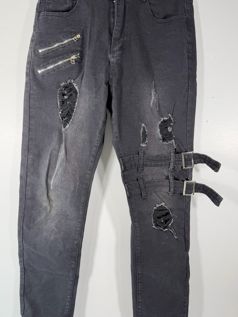 Slim Fit Distressed Black Skinny Jeans with Buckle Straps